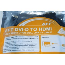 HDMI to DVI-D, Male-Male connectors Digital Video / Audio HDTV Gold Plated 6ft Cable