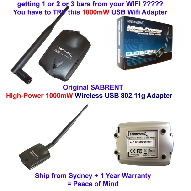 Sabrent HIGH-POWER 1000MW WIRELESS USB 802.11G ADAPTER WITH 7″ FOLDING BOOSTER 6DBI