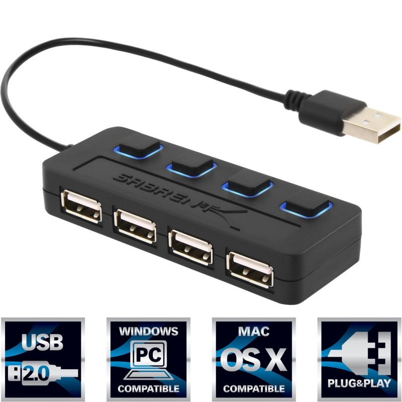Sabrent 4-Port USB 2.0 Hub with Individual Power Switches and LEDs - HB-UMLS