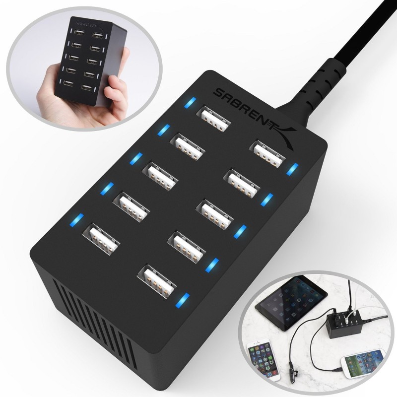Sabrent 60Watt (12Amp) 10-Port Family-Sized Desktop USB Rapid Charger. Smart USB Charger with Auto Detect Technology 