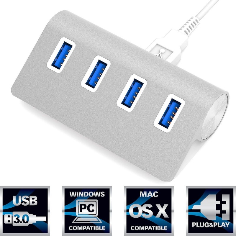 Sabrent Premium 4-Port Silver Aluminum USB 3.0 Hub for iMac, MacBook, MacBook Pro, MacBook Air, Mac Mini, or any PC [Silver]