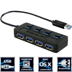 Sabrent HB-UM43 4-Port USB 3.0 Hub w/ Individual Power Switches and LEDs SuperSpeed