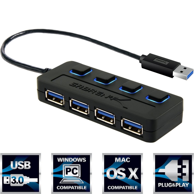 Sabrent HB-UM43 4-Port USB 3.0 Hub w/ Individual Power Switches and LEDs 