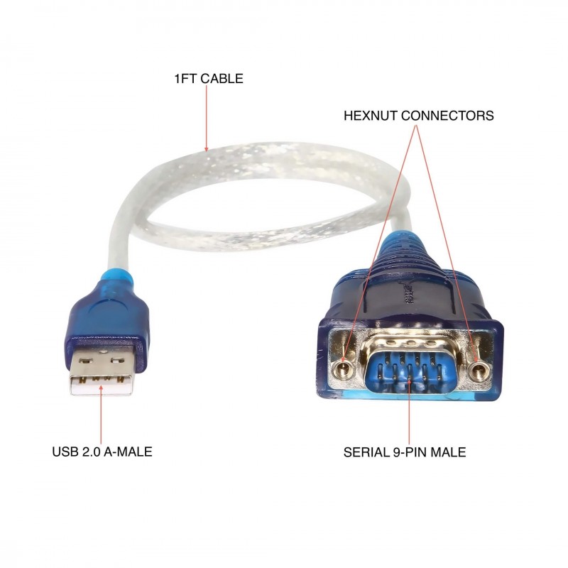 Sabrent CB-FT1M USB 2.0 To Serial 1' FT Cable Adapter - FTDI Chipset, Male to Male, 9-Pin, Hexnuts