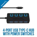 Sabrent USB Type C to 4-Port USB 3.0 Hub with Individual Power Switches and LEDs (HB-UMC4)