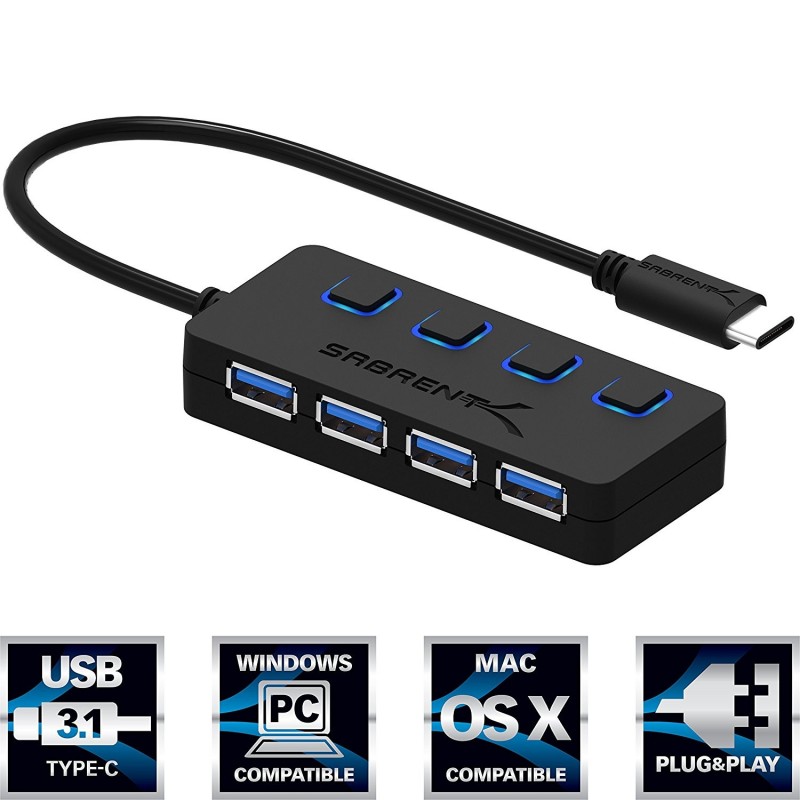 Sabrent USB Type C to 4-Port USB 3.0 Hub with Individual Power Switches and LEDs (HB-UMC4)